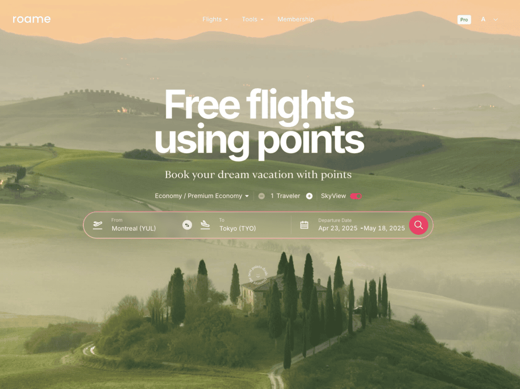 Roame home interface, a points-based flight search engine