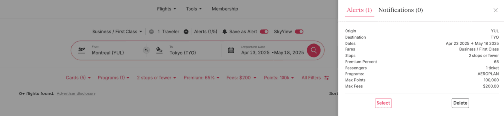 Setting up a flight alert on Roame