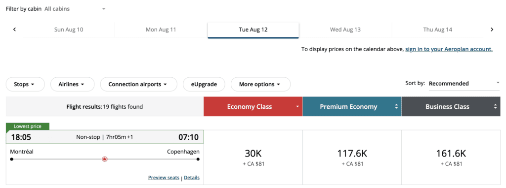 Verifying a Roame result directly on the Air Canada website