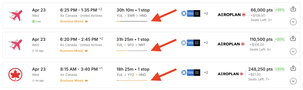 Mixed-cabin itinerary displayed on Roame