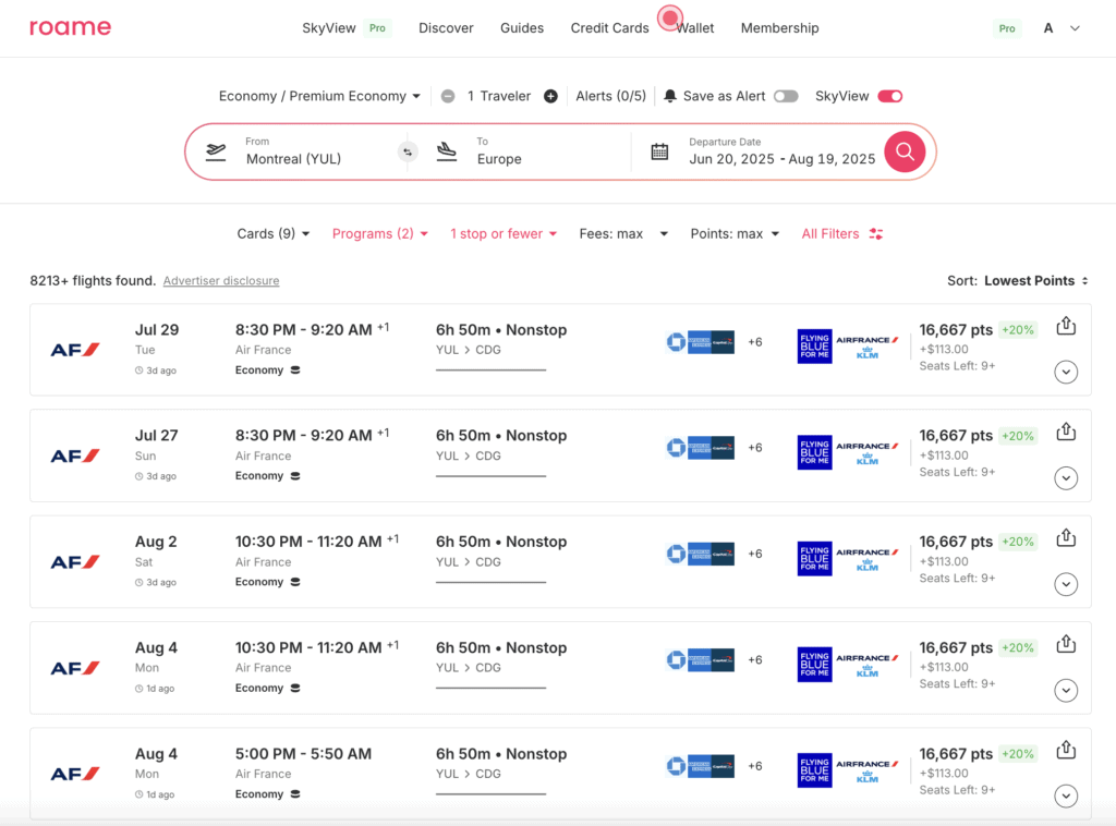 Roame SkyView view for Montreal-Europe flights in summer
