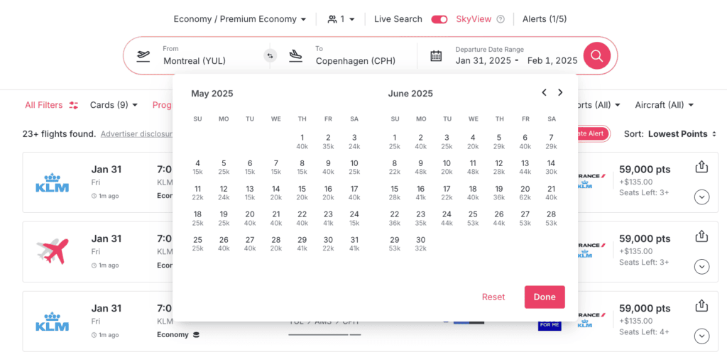 Overview of points prices by date in SkyView