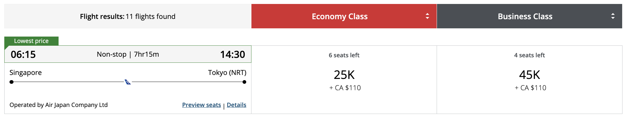 Business Class Sweetspots with Aeroplan from Canada - intra asie aeroplan