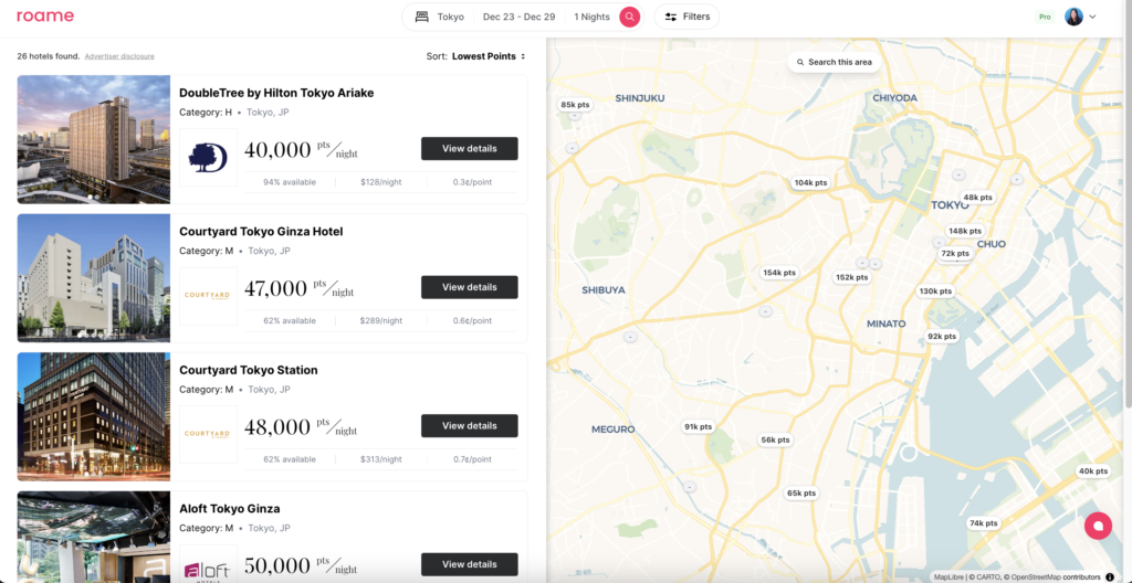 Points hotel search on Roame