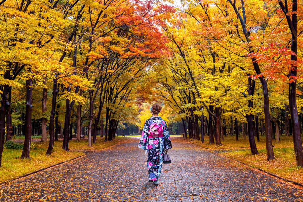 7 meilleures destinations pour voyager en automne et profiter des couleurs - Asian woman wearing japanese traditional kimono in autumn park.