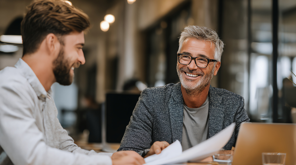 7 Tips To Maximize Rewards with Business Credit Cards - Maximize business rewards two men at table with laptop and paper